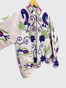 Veste en velours brodée de fleurs, col mandarin, manches longues, style bohème pour femmes, doublure en coton, style Prairie Chic, automne - Product Image 3