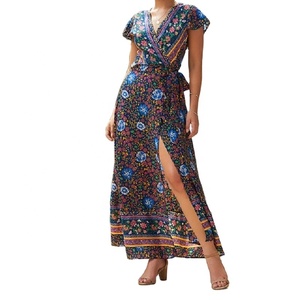 Vestido largo de talla grande para mujer, estampado Popular, bohemio, cuello en V, manga corta, abertura lateral, personalizado - Product Image 1