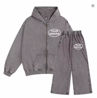 Conjunto de Sudadera con Capucha y Pantalones Deportivos con Lavado Ácido Personalizado, 100% Poliéster, Invierno, Color Sólido, Estilo Vintage, Sudadera con Capucha Gruesa de Forro Polar Transpirable, Unisex