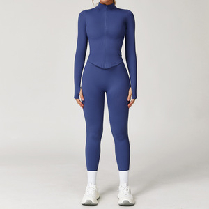 Ensemble de veste zippée à col montant sans couture pour femmes, ensemble de sport pour la course à pied en plein air, entraînement, leggings de yoga à taille élastique - Product Image 5