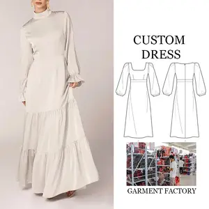 Vestido maxi de algodão tecido personalizado por fabricante de roupas de cor sólida elegante vestido feminino casual de manga comprida para mulheres