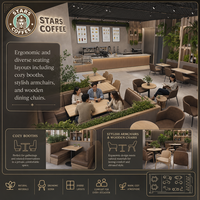 Présentation de la conception intérieure d'un café commercial avec étagère de présentation en grille de bois, ensemble de mobilier de café à sièges variés pour centre commercial