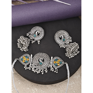 GS Peacock <b>Choker</b> with Zircon Yellow Green Flower Print for Party Occasions - Product Image 1