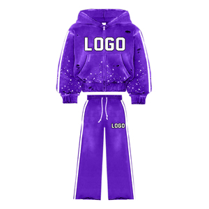 Nouveaux hommes en détresse lavage à l'acide survêtement respirant Zip-Up 2pc empilé survêtement français éponge à capuche pantalons de survêtement ensemble poids lourd - Product Image 4