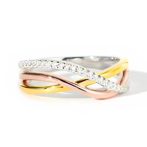 Jeulia Tricolor Twist Women's Wedding Band-Sterling <b>Silver</b> with Rhodium Plated <b>Cross</b> Pattern - Product Image 1