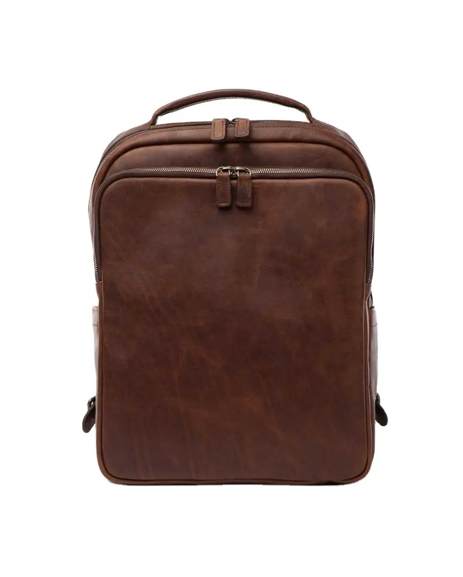 Rustic Leather College Classic Double Zipper Executive Office Backpack with Laptop Pocket Travel Backpack India Manufacturing.