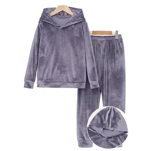 Survêtement en velours uni à capuche pour femme, manches longues, taille élastique, coupe ample, tenue décontractée d'automne, 100% polyester - Product Image 2