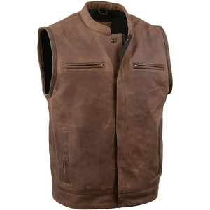 Chaleco de Cuero Genuino para Hombre, Cuello Camisero, Cierre de Botones, Color Sólido, Largo Regular, Ropa Exterior Casual de Otoño - Product Image 1
