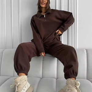Ensembles de vêtements pour femmes automne-hiver, sweat-shirt à col montant et fermeture éclair + pantalon, deux pièces, ensembles chauds de couleur unie - Product Image 4