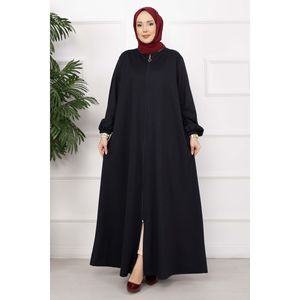 Abaya bleu marine classique à fermeture éclair, style simple, tissu polyester - Product Image 4