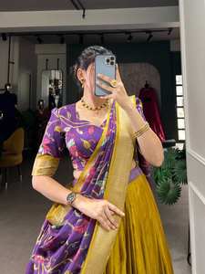 Lehenga Choli Tradicional de Seda Dola Kalamkari Amarillo Mostaza, Estilo Audaz y Herencia, Largo hasta el Suelo, Secado Rápido, Especial para Festivales - Product Image 2