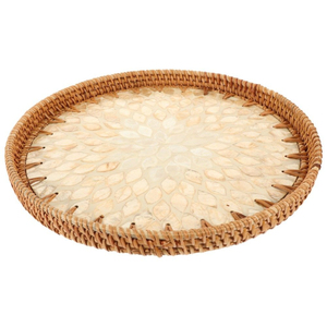 Elegant Floral Rattan Serving Tray Handcrafted <b>Mother</b> Pearl Inlay Eco-Friendly Woven Shell Decorative Tray for Catering Coastal - Product Image 2