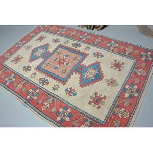 Tapis Turc Vintage Classique Rouge Bleu Patchwork Design Grande Surface 5.2X7.6 ft Laine Latex Adolescent Rectangle Abstrait Couloir Chambre - Product Image 4