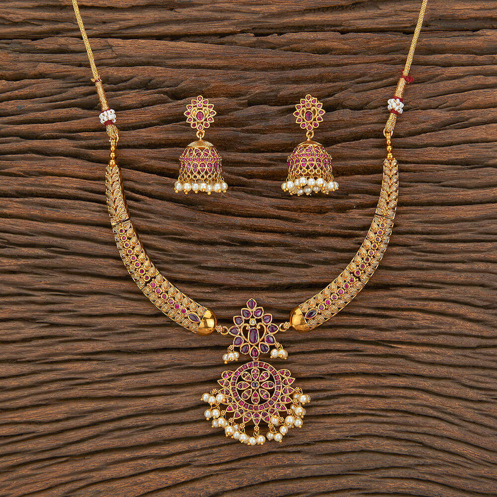 South Indian Antique Moti Necklace Set With Matte Gold Plating 217304  Handmade Jewellery in India