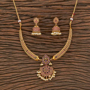 ชุดสร้อยคอโมติโบราณจากอินเดียใต้ ชุบทองด้าน 217304 เครื่องประดับทำมือในอินเดีย - Product Image 2