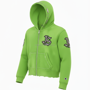 Sudadera con capucha y cremallera de alta calidad para mujer, tela polar 370 GSM, verde brillante, sensación suave y acogedora, logotipo personalizado con piedras, sudaderas con capucha básicas - Product Image 4