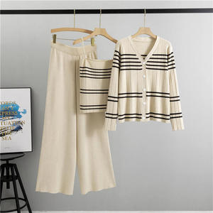 2025Spring Autumn Striped Sweater <b>Knit</b> Set Casual Knitted Cardigan and Camisole and Pants Set Knitted Three Piece Set for Women - Product Image 1