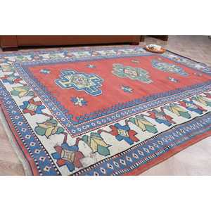 Turkish Vintage Rug, Large 6.1x7.9 ft (185x240 cm) Rug, <b>Red</b> Animal Print <b>Wool</b> Rug - Product Image 1