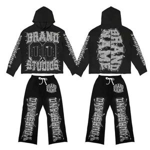 Dernier ensemble pantalon de survêtement à capuche noir 100% coton de haute qualité à la mode personnalisée Top court surdimensionné avec strass sans poches - Product Image 1