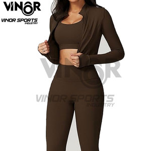 Premium Workout Sets for Women 3 Piece High Waisted Seamless <b>Leggings</b> <b>Crop</b> Top and Jacket Gym Yoga Outfit Stretchy Sports Bra - Product Image 4