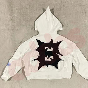 Logo personnalisé 100% coton Streetwear Hoodies Distressed Patches Broderie Sweat à capuche zippé pour hommes - Product Image 3