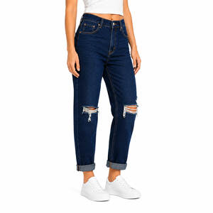 Vaqueros de mezclilla rasgados para mujer, de color liso, de cintura alta, estilo boyfriend, con rodillas rasgadas, pantalones desgastados, a la moda, casuales, de ajuste holgado. - Product Image 3