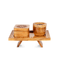 Ensemble brûleur de bakhoor artisanal éco-responsable en bois de manguier Bela, avec boîte de rangement et plateau sculpté, pour encens aromatique arabe décoratif