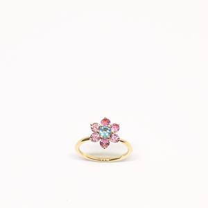5mm Aqua Blue Cut Diamond Flower Ring <b>Pink</b> Diamond Petals 18K Gold Plated Sterling Silver Minimalist Custom Fashion Jewelry - Product Image 1