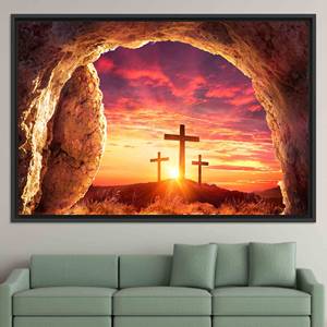 Christian Cross Canvas Art: Sunrise Landscape Printed Canvas Artwork,<b>BLACK</b> <b>FRAMED</b> CANVAS - Product Image 1