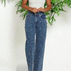 Tendance Mid Wash Taille Haute Femmes Perle Jambe Droite Jeans Produit haut de gamme avec une finition à ourlet brut Denim Jeans pour les filles - Product Image 1