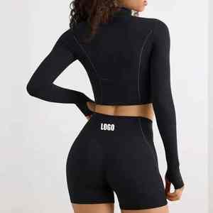 Wholesale Women's Quick-Dry Fitness Set Breathable 1/4 Zip <b>Crop</b> Top & High-Impact Shorts - Product Image 4