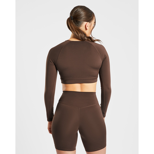 High Demand <b>Brown</b> Women Staple <b>Long</b> <b>Sleeves</b> Crop <b>Top</b> 4 way Stretch Soft And Lightweight Fitness Workout Crop <b>Top</b> Tees for Women - Product Image 3