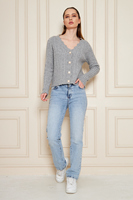 Cardigan en tricot doux à col en V pour femme avec boutons perlés, pull chaud et respirant à motifs, tricot élégant, services ODM, OEM