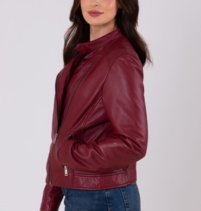 Blouson aviateur en cuir d'agneau véritable bordeaux pour femme, fermeture éclair asymétrique, doublure en coton respirant, vêtements d'extérieur tendance pour l'hiver - Product Image 3