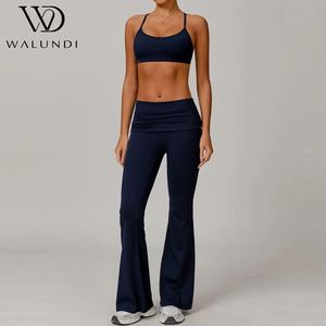 Custom Logo Yoga Set Foldover Waist <strong>Flare</strong> <strong>Leggings</strong> Strappy Back Naked Feeling 2 Piece Gym Workout Outfits - Product Image 4