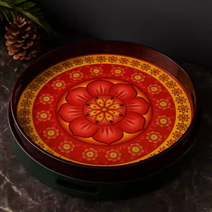 Plateau rond en laque MDF avec impression de mandala floral jaune rouge Plateau de service décoratif en bois fait à la main pour la maison et la cuisine - Product Image 2