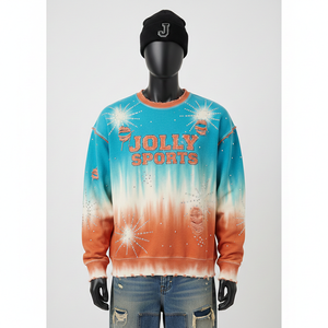 Sudadera de Felpa de Alta Calidad con Lavado Ácido, Estilo Desgastado en Azul y Naranja, con Pedrería, Logotipo de Chenilla Personalizado, Sudadera Básica - Product Image 1