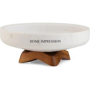 Bol de pièce maîtresse de table de forme ronde en marbre blanc le plus demandé avec base de créateur de fantaisie unique en bois d'Inde - Product Image 1