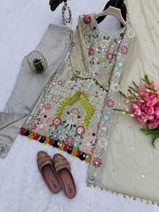 Conjunto de traje pakistaní de organza bordado premium, elegante y transpirable, de Unity Luxure, con dupatta de tela y pantalones de algodón y seda. - Product Image 3