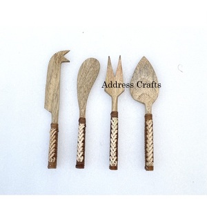 Custom Luxury Hand-Woven Wicker Rattan Handle Cheese Knife <b>Set</b> Home and Kitchen <b>Dinnerware</b> Mango Wood Cutlery Cheese Tools - Product Image 3