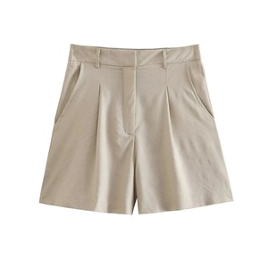 กางเกงขาสั้นผ้าลินินเอวสูงแนววินเทจของผู้หญิงมีจีบด้านหน้ามีซิปรูดรูดปิดกางเกงแฟชั่นมีกระเป๋า - Product Image 3