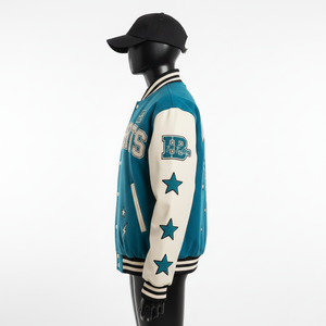 Chaqueta Universitaria de Lana para Mujer, Color Verde Azulado, Paneles de Manga Color Crema con Bordado de Chenilla, Diseño de Logotipo Personalizado, Chaquetas Universitarias para Mujer - Product Image 3