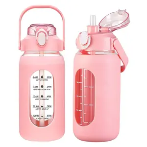 64oz Water Bottle Glass Water Bottle with Silicone Sleeve 2L Leakproof Large Jug for Gym Home Office Water Bottles with Straw