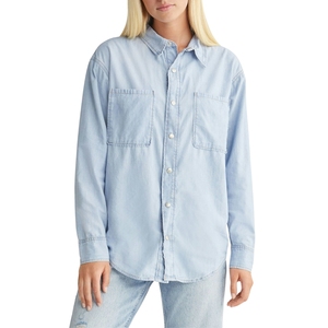 Chemise en jean foncé pour femmes, manches longues, boutonnée, douce, respirante, décontractée, élégante, pour les fêtes, été, tissée, plissée - Product Image 3