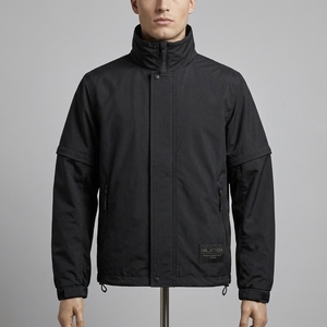 Veste utilitaire noire pour homme, col montant, fermeture éclair, coupe-vent léger, vêtement de sport fonctionnel pour l'extérieur - Product Image 1
