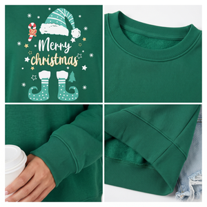 Sudadera navideña verde para mujer con cuello redondo, diseño estampado de gorro de elfo y bastón de caramelo, corte regular, jersey para las fiestas de invierno - Product Image 4