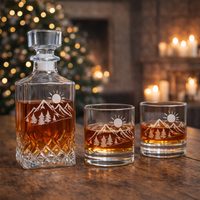 Set de Whisky al por Mayor con Decantador y Vasos, Caja de Regalo de Madera, Set de Whisky Grabado con Montaña para Hombres, Bar en Casa