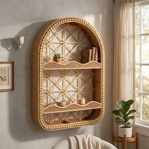 Estante de Pared Arqueado de Ratán con Marco de Cuentas, Estante de Almacenamiento Tejido a <span class=keywords><strong>Mano</strong></span> de <span class=keywords><strong>2</strong></span> Niveles, Estante Decorativo de Pared para Decoración de Sala de Estar - Product Image 4
