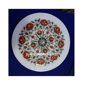 Belle apparence plaque d'incrustation de marbre blanc forme ronde fait à la main conception de fleur unique utilisée pour la cuisine et la décoration de la maison - Product Image 1