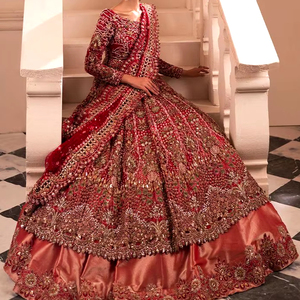 NEW--BRIDAL-MAROON anarkali, Peach lehenga & dupatta ชุดตกแต่งด้วยลูกปัดแก้วคริสตัลประดับ, หิน, dabka Work for Wedding = 2024 - Product Image 1